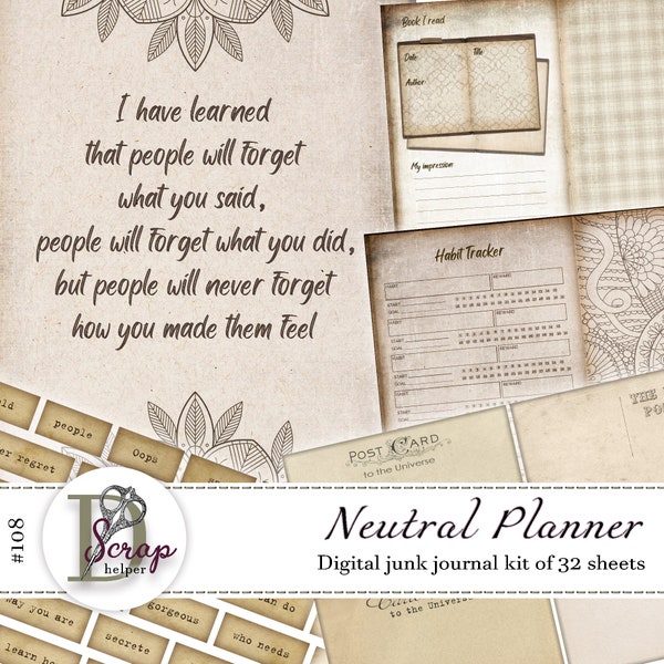 Neutral planner junk journal kit printable of 32 sheets Vintage Grunge Monthly tracker Prayer Calendar Bullet journal supplies #108