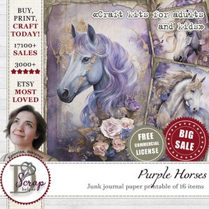 Papiers de journal de cheval fantastique violet imprimables 16 feuilles Violet magie fée cheval lavande céleste cheval rococo fournitures de journal indésirable # 378