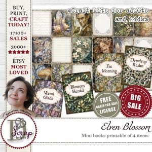 May include: A collage of printable mini books with fantasy art, including titles like "Vernal Glade" and "Dewdrop Realm." The image features the text "Elven Blossom" and "Craft kits for adults and kids." A "Big Sale" badge is also visible.
