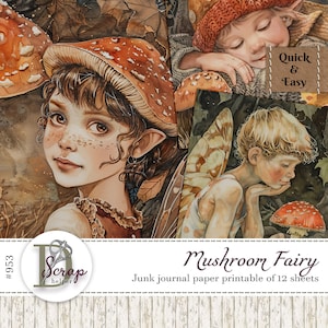 Papier pour journal indésirable féerique champignon imprimable de 12 feuilles Scrappy Enchanted Forest Fantasy Autumn Shabby Journaling Usage commercial gratuit #953