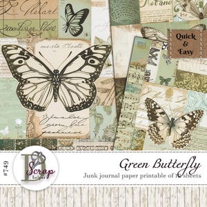 Papier papillon vert imprimable 12 feuilles Scrappy Wrapping Masterboard minable Découpage Cottagecore Jardin secret Utilisation commerciale gratuite # 749