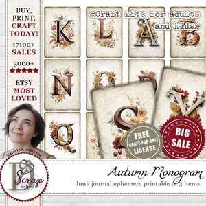 Autumn Alphabet journal cards printable 3 sheets Harvest Fall monogram Full English alphabet initials junk journal supplies #555