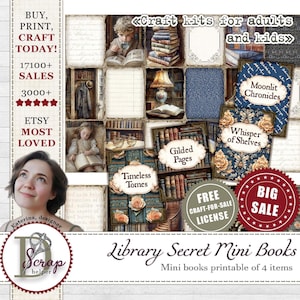 Puede incluir: Imagen de diseños de minilibros imprimibles con temática de biblioteca. El texto "Library Secret Mini Books" y "Craft kits for adults and kids" es visible. Los diseños presentan portadas de libros con elementos florales y antiguos.