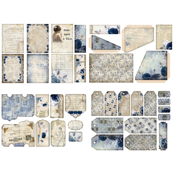 Vintage Blue Junk Journal Kit Printable of 28 Sheets Blue