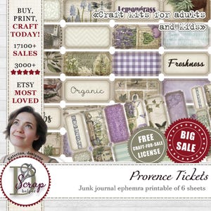 Ingressos para diário de lixo roxo efémero, para impressão, com 6 folhas, Herbal Provence Cottage, suprimentos para diário de lixo surrado, nº 245