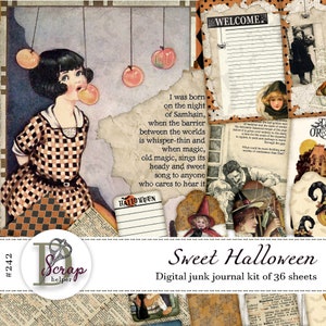 Halloween junk journal kit printable of 36 sheets Boo Spooky Witch Pumpkin Ghost Black cat Happy Halloween junk journal supplies #242