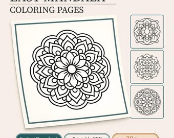 Easy mandala coloring book of 30 bold & easy PDF pages | Digital download