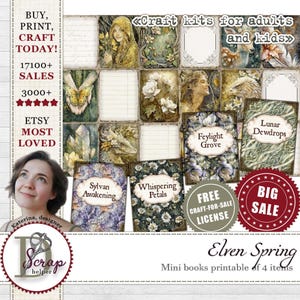 May include: A collage of printable mini books with fantasy art, including titles like "Sylvan Awakening" and "Whispering Petals." The image features the text "Craft kits for adults and kids" and "Elven Spring."
