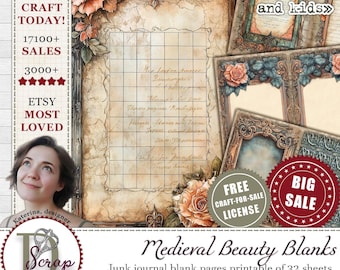 Medieval junk journal blank pages printable 32 sheets Medieval Renaissance Fantasy castle King Arthur Middle ages Fairytale kingdom #1091
