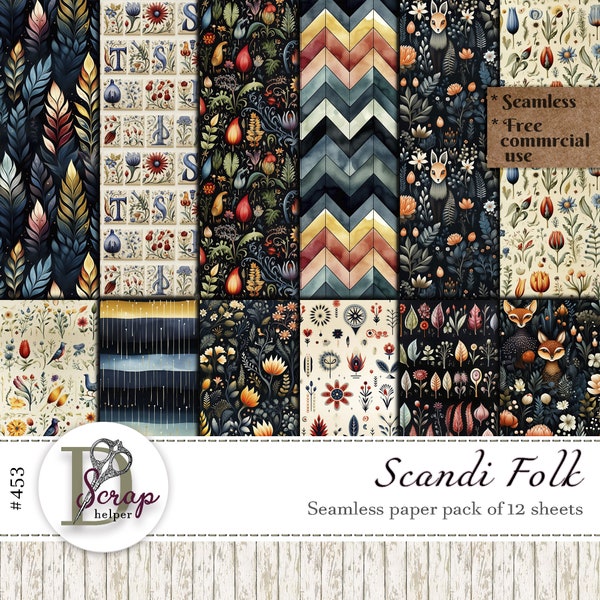 Scandinavian seamless pattern Forest Nordic pattern Scandinavian Folk art Floral Ethnic digital paper Free commercial use 12 sheets #453