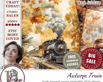 Cozy autumn watercolor train journal paper printable 12 sheets Scrappy Fall Travel Locomotive Aesthetic Cottagecore Free commercial use #535