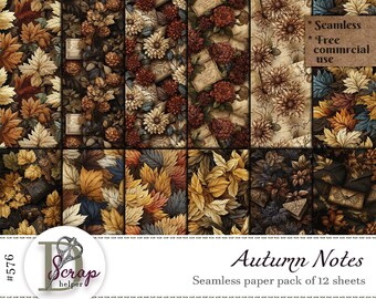 May include: A collection of 12 seamless paper sheets with autumn-themed designs. The patterns feature leaves, flowers, and vintage elements in shades of brown, gold, and burgundy. The text "Autumn Notes" and "Seamless paper pack of 12 sheets" is visible.