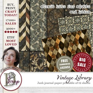 May include: A collection of printable junk journal papers with various vintage patterns, including clock faces, geometric designs, and floral motifs. The image includes text that says "Craft kits for adults and kids" and "Vintage Library".