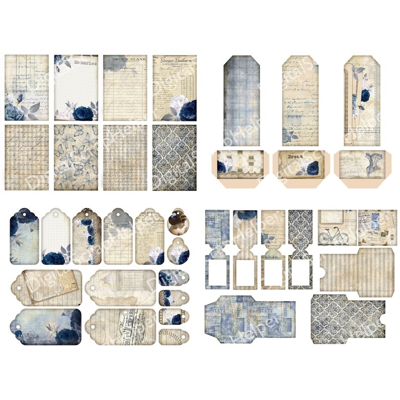 Vintage Blue Junk Journal Kit Printable of 28 Sheets Blue Shabby Chic ...