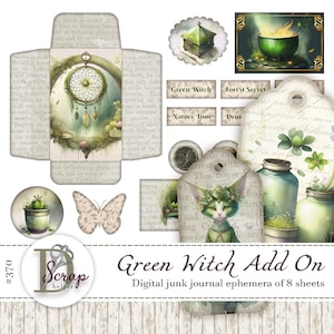 Könnte beinhalten: Ein digitales Collage-Blatt mit dem Titel "Green Witch Add On" mit verschiedenen Elementen für Junk-Journals. Enthält einen Traumfänger, einen grünen Kessel, eine Katze mit Blumenkranz und andere botanische und skurrile Designs.