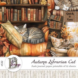 Papier journal intime chat bibliothécaire automne confortable imprimable 12 feuilles Scrappy Fall bibliothèque clipart livre chat chat sur le livre utilisation commerciale gratuite #532