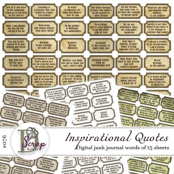 Vintage junk journal inspirational words of 15 sheets Happy phrases Inspirational quotes Motivational stickers junk journal supplies #076