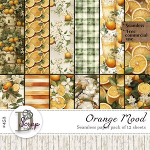 Modèle sans couture d'oranges douces Fruits frais Limonade Agrumes Oranger Papier numérique Fleur d'oranger Utilisation commerciale gratuite 12 feuilles # 452