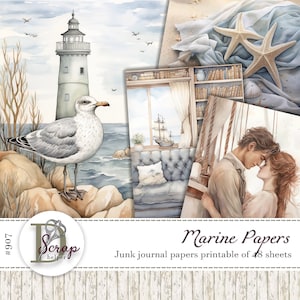 Confezione da 48 fogli di carta marina, spiaggia, gabbiano, oceano, costiero, marinaio, faro, mare, volante, nautico, marittimo, forniture per diari spazzatura #907