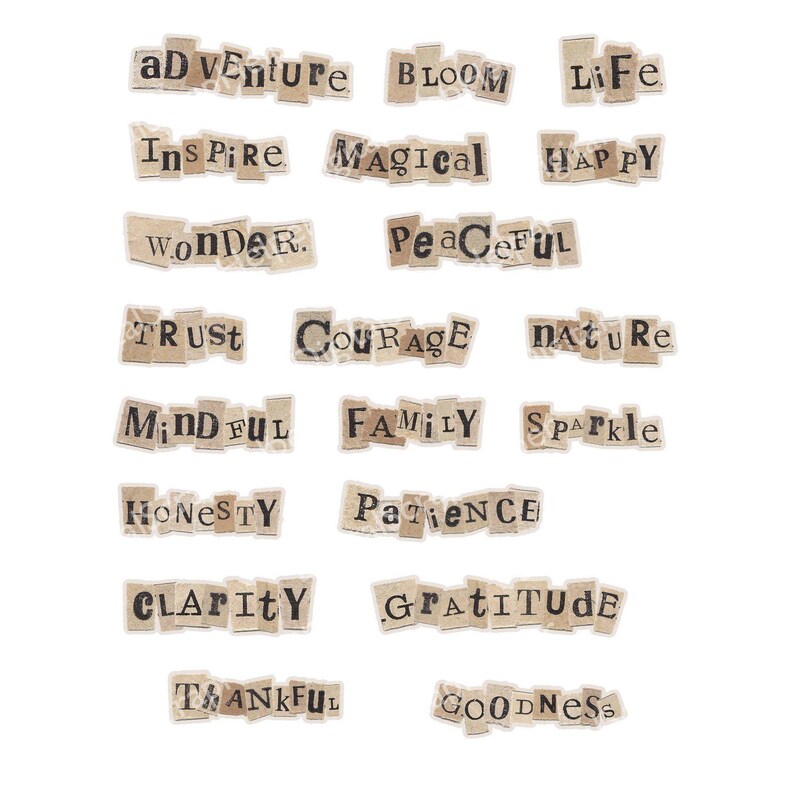 inspirational words, positive words, journal words, affirmation stickers, digital words, journaling words, printable words, happy phrases, quotes stickers, bullet journal words, motivational words, mix media collage, mix media supplies