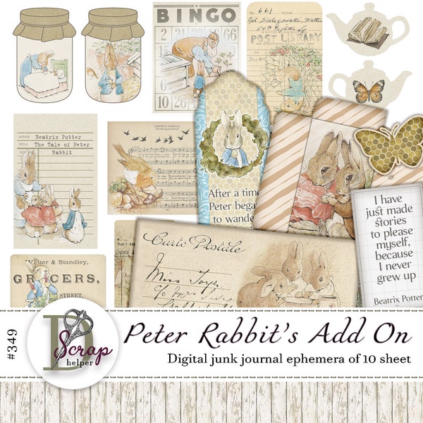 Peter Rabbit junk journal Beatrix Potter Add On printable 10 sheets Bunny Easter Children Little Kids Baby book junk journal supplies #349