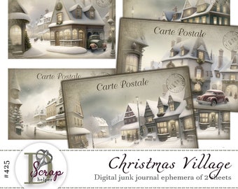 Vintage Christmas ephemera ATC cards with Christmas village 2 sheets Card making December Winter Advent calendar junk journal supplies #425