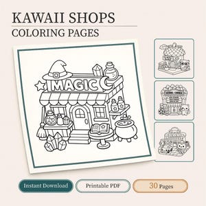 May include: Black and white line art colouring pages featuring "Kawaii Shops." The main image shows a shop with a witch hat and the word "MAGIC." Additional images include a shop with an owl, a popcorn shop, and a car shop. Includes "Instant Download" and "Printable PDF."
