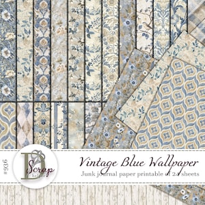 24 Blatt Blaue Vintage Tapete Blau Blau Shabby Chic Junk Journal Blaues Muster Blaues Junk Journal Papier #936