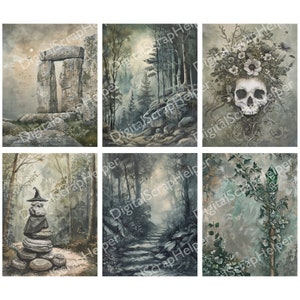Pu&ograve; includere: Un collage digitale di sei immagini con un tema di foresta mistica. Le immagini includono un arco di pietra, un sentiero attraverso il bosco, un teschio con fiori, un cappello da strega su una pila di pietre, una scalinata di pietra e un bastone verde con foglie.