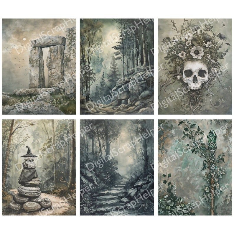 Pu&ograve; includere: Un collage digitale di sei immagini con un tema di foresta mistica. Le immagini includono un arco di pietra, un sentiero attraverso il bosco, un teschio con fiori, un cappello da strega su una pila di pietre, una scalinata di pietra e un bastone verde con foglie.