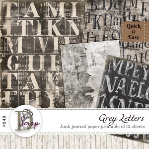 Gray alphabet junk journal paper pack of 12 sheets Scrappy Industrial Grunge Letters Neutral Basic Man Masculine Free commercial use #949