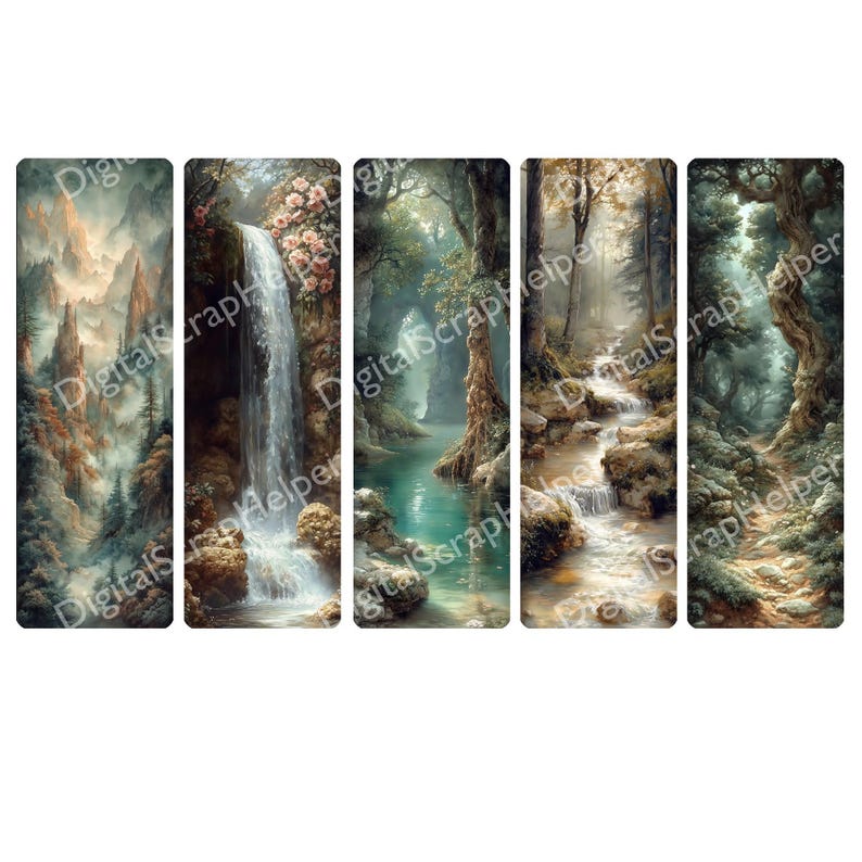 Woodland Bookmarks Set: Illustrated Forest, Waterfall (printable) - Etsy