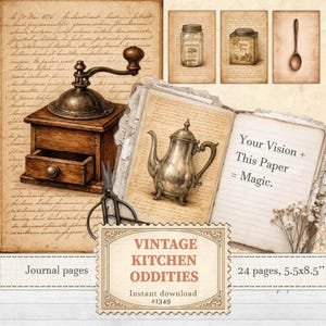 Vintage kitchenware basic cards for scrapbooking and cottagecore kitchen junk journaling | Digital download | 1349