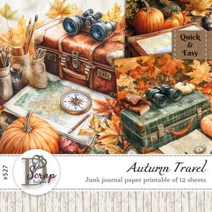Gezellig herfstreisdagboek papier afdrukbaar 12 vellen Scrappy herfstwandelingen Reizen clipart Herfstkamperen Herfstreiziger Gratis commercieel gebruik