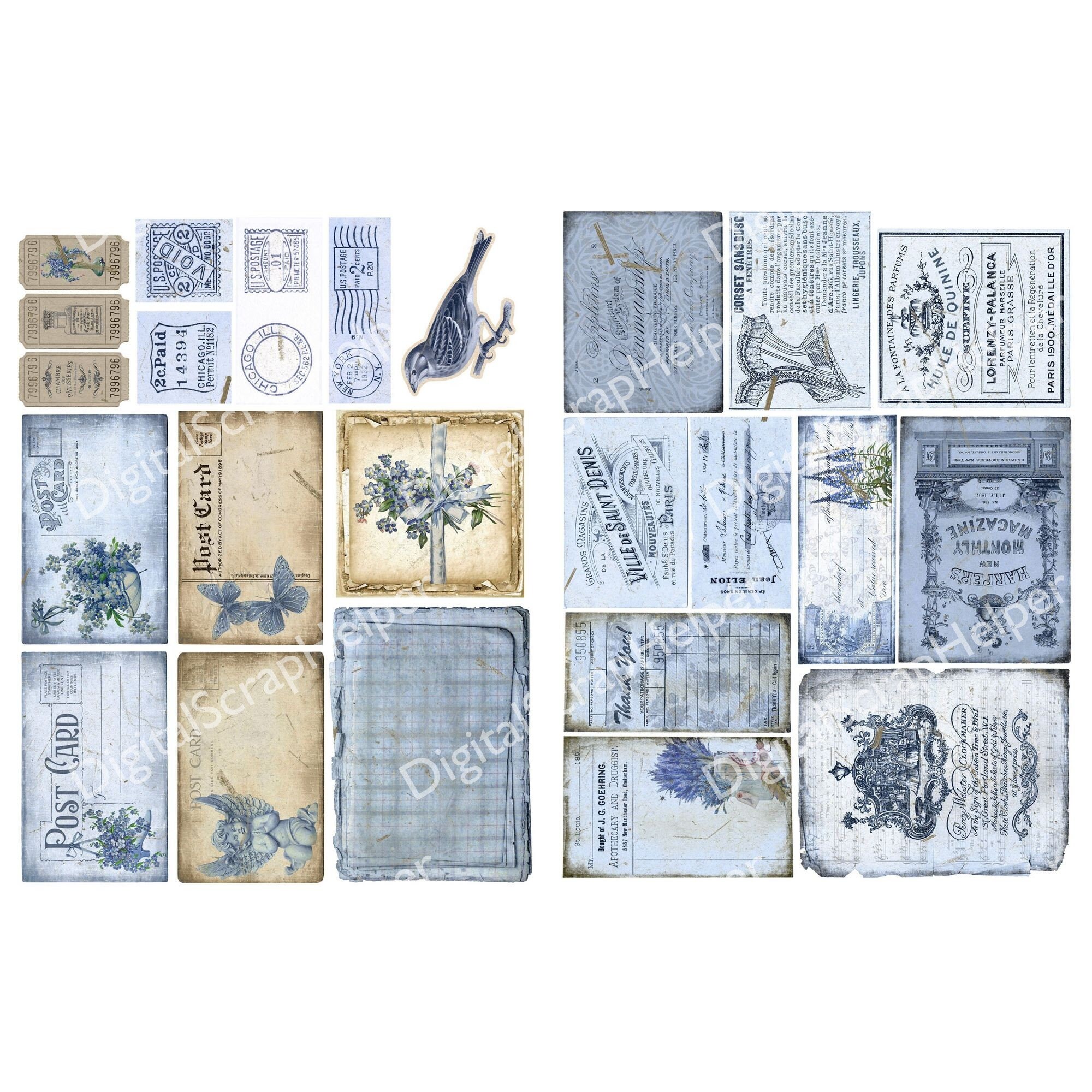 Vintage Blue Junk Journal Ephemera Printable of 15 Sheets Vintage ...