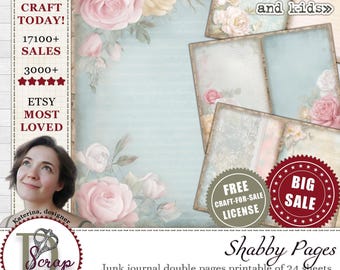 Vintage kwiatowy dziennik śmieciowy podwójne strony do wydrukowania 24 arkuszy Pastelowe kwiatowe miejsce do pisania Tło w stylu shabby chic z plamami herbaty Cottage #1166