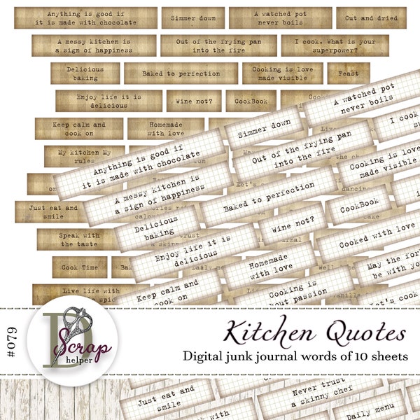 Vintage kitchen junk journal inspirational words of 10 sheets Kitchen qoutes Kitchen phrases Cooking junk journal supplies #079