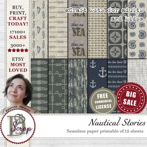 Vintage nautical digital paper Sea seamless pattern Free commercial use Nautical paper pack of 12 sheets Ocean junk journal supplies #334