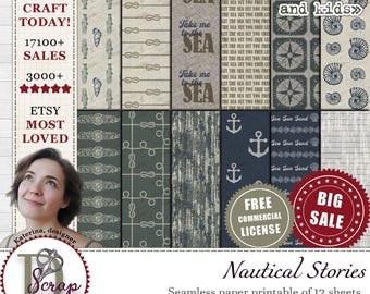 Vintage nautiska sömlösa mönsterpapper för havsskräpjournaling och långsamt hantverk | Digital nedladdning