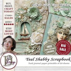 Teal shabby chic junk journal paper printable of 20 sheets Vintage journal supplies Crafting paper pack Emerald junk journal supplies #890