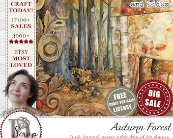 Papel con motivos de bosques otoñales para fondos de estilo scrapbooking y collages de fábulas encantadas / Descarga digital / 670