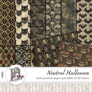 May include: A digital printable pack of 36 Halloween themed papers in neutral colors. The papers feature patterns of skulls, bats, spiders, pumpkins, and other Halloween motifs. The papers are designed for use in junk journals and other paper crafts.