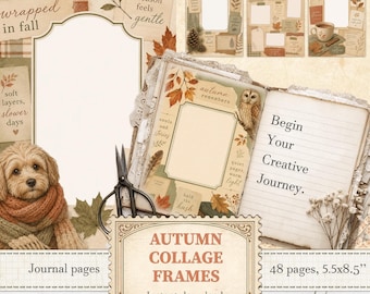 Páginas de escritura y marcos de fotos vintage de otoño para diarios creativos de temporada / Descarga digital / 1593