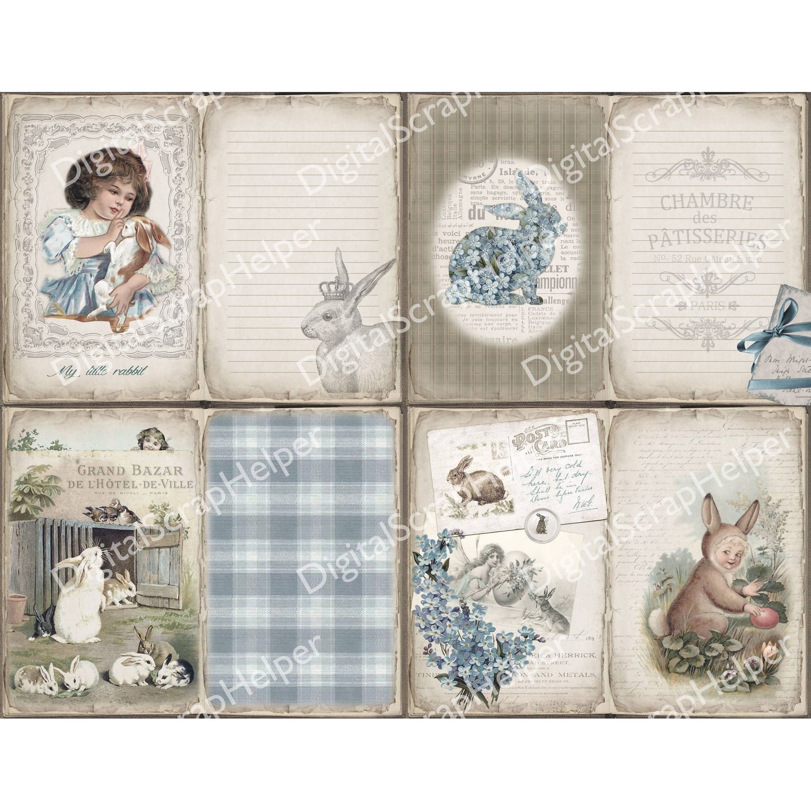 French Rabbit Junk Journal Kit Printable of 32 Sheets Shabby Chic Bunny ...