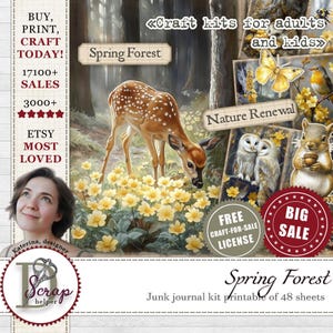 Kit diario di primavera con elementi forestali stampabili da 48 fogli. Diario di primavera con elementi forestali gialli. Animali del bosco primaverili. Natura primaverile. Foresta romantica. Fauna selvatica #1109