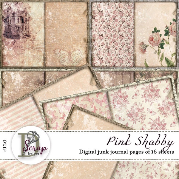 Shabby chic pink junk journal pages printable of 16 sheets Vintage Woman Botanical Floral Shabby pink junk journal supplies #120