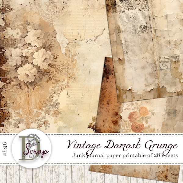 Damask grunge junk journal paper printable 28 sheets Cottagecore Shabby Rusty Antique Vintage Antique Flea market junk journal supplies #696