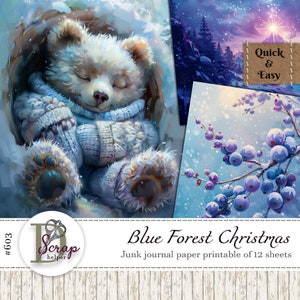 Blue forest collage paper printable 12 sheets Scrappy Christmas Wonderland Magic Winter Fantasy Parchment paper Free commercial use #603