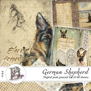Kit de journal pour animaux de compagnie berger allemand à imprimer 28 feuilles, chiot chien, patte d'animal de compagnie, fournitures # 144