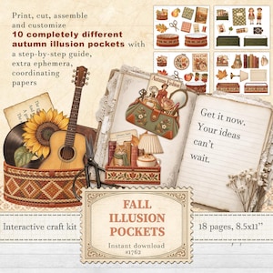 Peut inclure: Un kit de loisirs créatifs interactif intitulé Fall Illusion Pockets comprenant 18 pages de 8,5x11 pouces d'éphémères imprimables sur le thème de l'automne. Le kit inclut 10 poches différentes, des papiers assortis et un guide étape par étape.